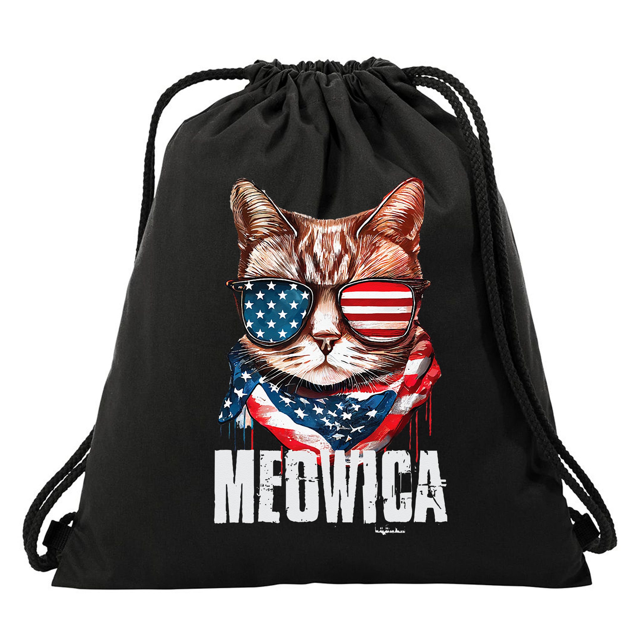 4th of July Meowica American Flag Cat Drawstring Bag