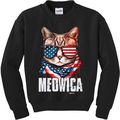 4th of July Meowica American Flag Cat Kids Sweatshirt