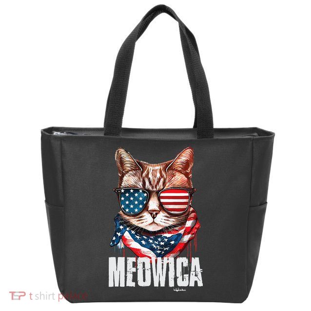 4th of July Meowica American Flag Cat Zip Tote Bag