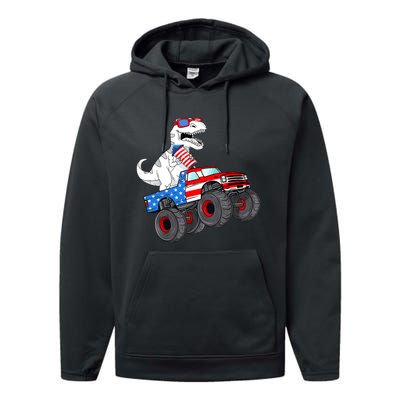 4th Of July T Rex Dino Trex Dinosaur Monster Truck Fireworks Performance Fleece Hoodie