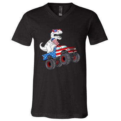 4th Of July T Rex Dino Trex Dinosaur Monster Truck Fireworks V-Neck T-Shirt