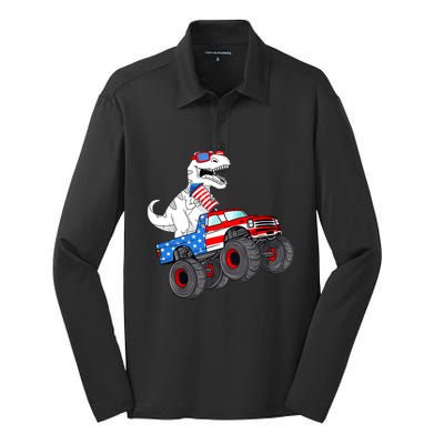 4th Of July T Rex Dino Trex Dinosaur Monster Truck Fireworks Silk Touch Performance Long Sleeve Polo