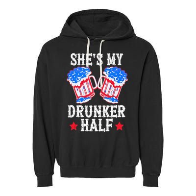 4th of July Matching Couple She's Is My Drunker Half Garment-Dyed Fleece Hoodie