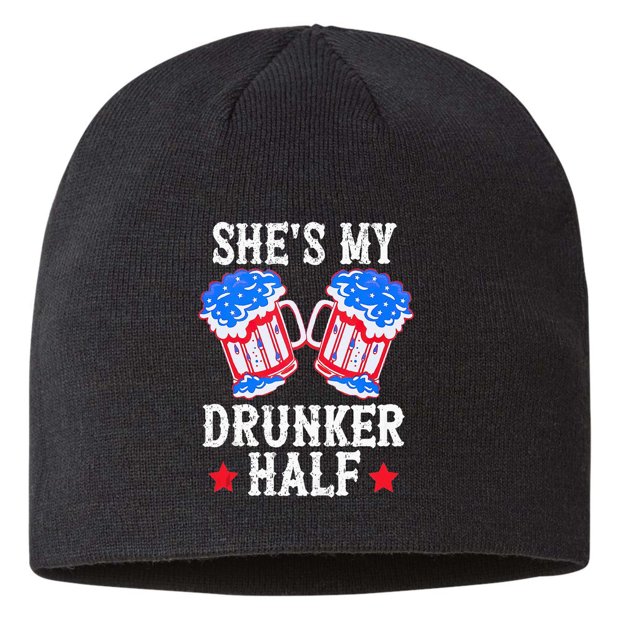 4th of July Matching Couple She's Is My Drunker Half Sustainable Beanie
