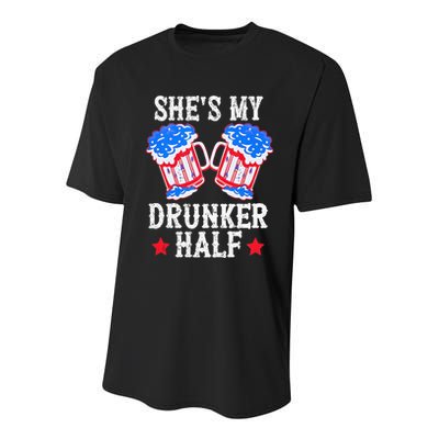 4th of July Matching Couple She's Is My Drunker Half Youth Performance Sprint T-Shirt