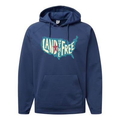 4th Of July Map Of The Usa Land Of The Free Meaningful Gift Performance Fleece Hoodie