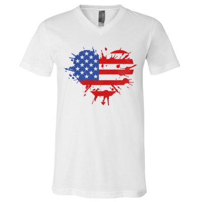 4th Of July American Flag Patriotic I Heart The USA V-Neck T-Shirt