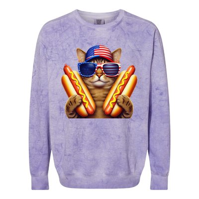 4th Of July Hotdog Cat Funny Patriotic Cat Usa Flag Wiener Gift Colorblast Crewneck Sweatshirt