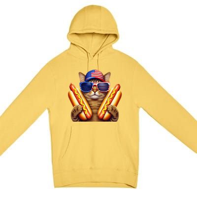 4th Of July Hotdog Cat Funny Patriotic Cat Usa Flag Wiener Gift Premium Pullover Hoodie