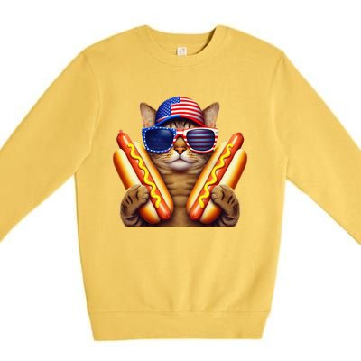 4th Of July Hotdog Cat Funny Patriotic Cat Usa Flag Wiener Gift Premium Crewneck Sweatshirt