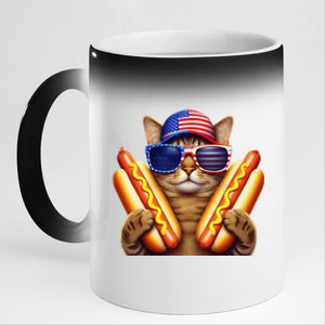 4th Of July Hotdog Cat Funny Patriotic Cat Usa Flag Wiener Gift 11oz Black Color Changing Mug