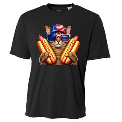 4th Of July Hotdog Cat Funny Patriotic Cat Usa Flag Wiener Gift Cooling Performance Crew T-Shirt