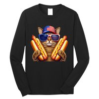 4th Of July Hotdog Cat Funny Patriotic Cat Usa Flag Wiener Gift Long Sleeve Shirt