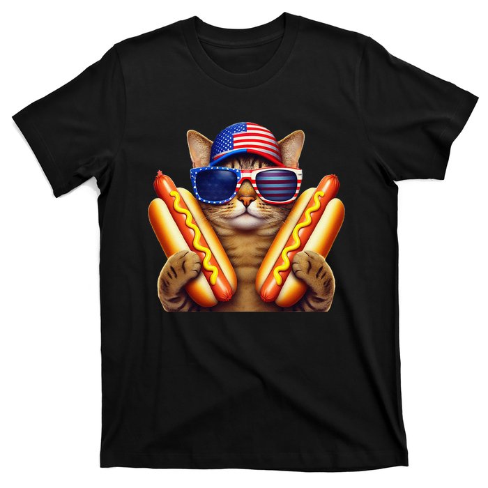 4th Of July Hotdog Cat Funny Patriotic Cat Usa Flag Wiener Gift T-Shirt