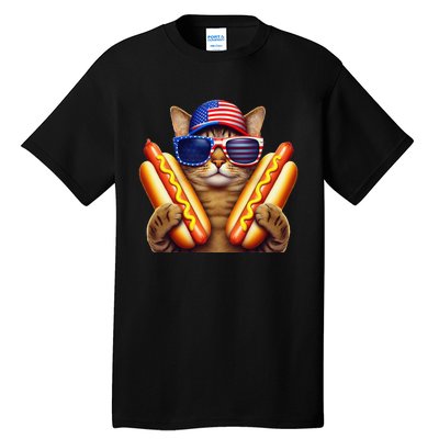 4th Of July Hotdog Cat Funny Patriotic Cat Usa Flag Wiener Gift Tall T-Shirt