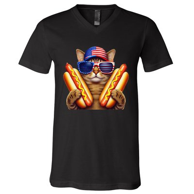 4th Of July Hotdog Cat Funny Patriotic Cat Usa Flag Wiener Gift V-Neck T-Shirt