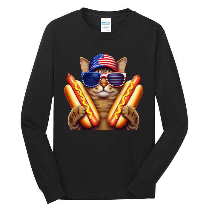 4th Of July Hotdog Cat Funny Patriotic Cat Usa Flag Wiener Gift Tall Long Sleeve T-Shirt