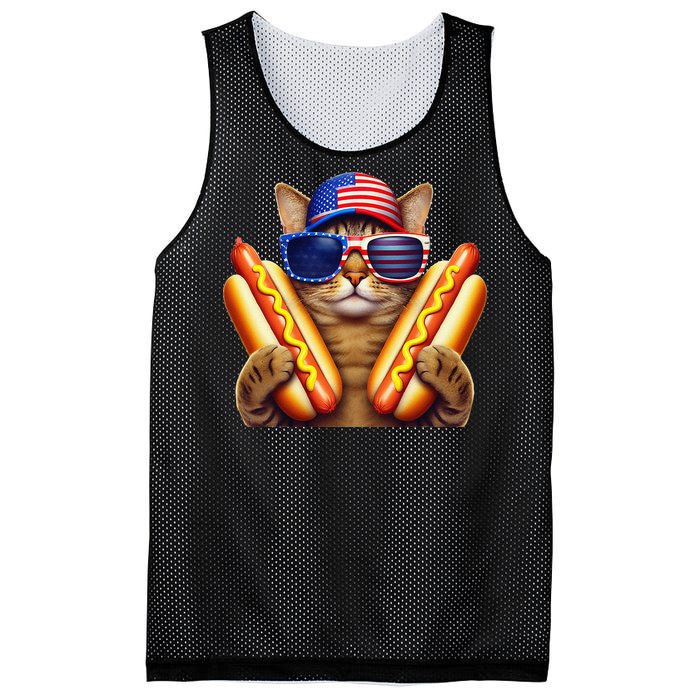 4th Of July Hotdog Cat Funny Patriotic Cat Usa Flag Wiener Gift Mesh Reversible Basketball Jersey Tank