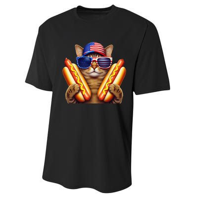 4th Of July Hotdog Cat Funny Patriotic Cat Usa Flag Wiener Gift Performance Sprint T-Shirt