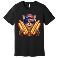 4th Of July Hotdog Cat Funny Patriotic Cat Usa Flag Wiener Gift Premium T-Shirt