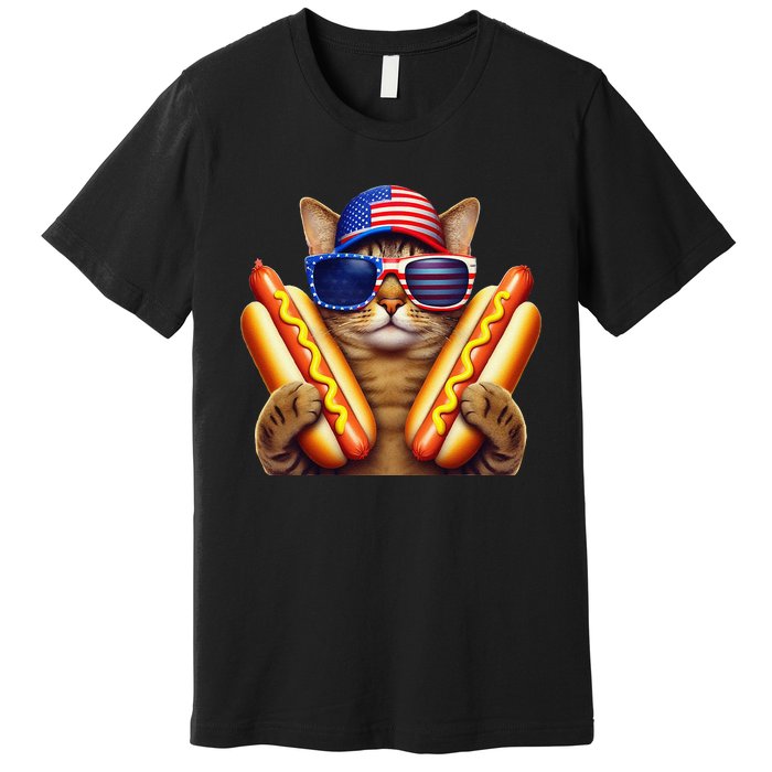 4th Of July Hotdog Cat Funny Patriotic Cat Usa Flag Wiener Gift Premium T-Shirt