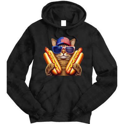 4th Of July Hotdog Cat Funny Patriotic Cat Usa Flag Wiener Gift Tie Dye Hoodie