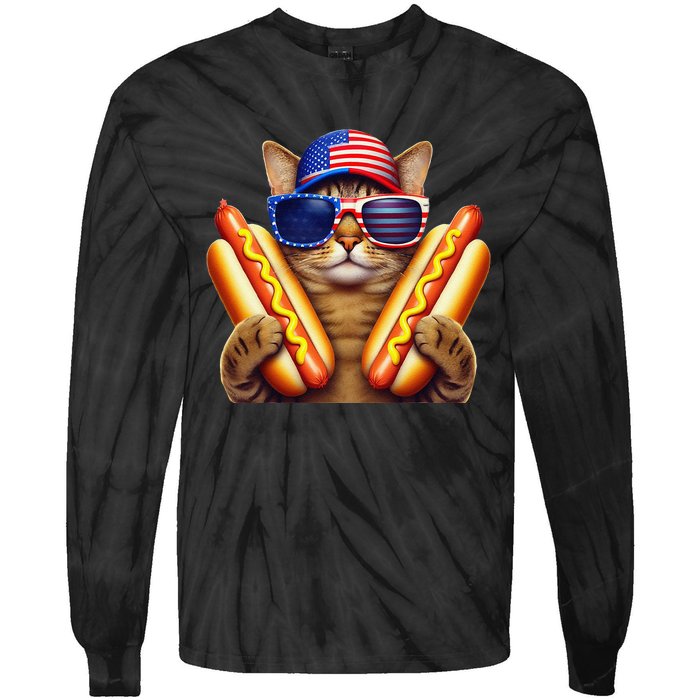 4th Of July Hotdog Cat Funny Patriotic Cat Usa Flag Wiener Gift Tie-Dye Long Sleeve Shirt