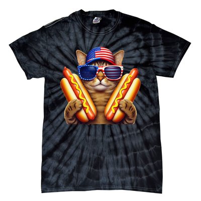 4th Of July Hotdog Cat Funny Patriotic Cat Usa Flag Wiener Gift Tie-Dye T-Shirt