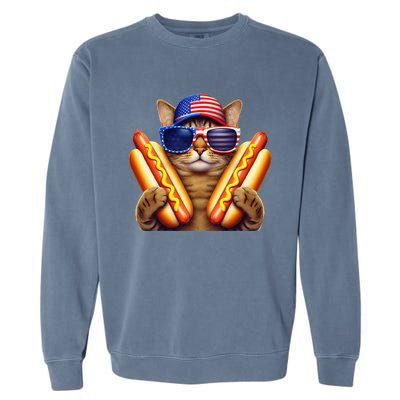 4th Of July Hotdog Cat Funny Patriotic Cat Usa Flag Wiener Gift Garment-Dyed Sweatshirt