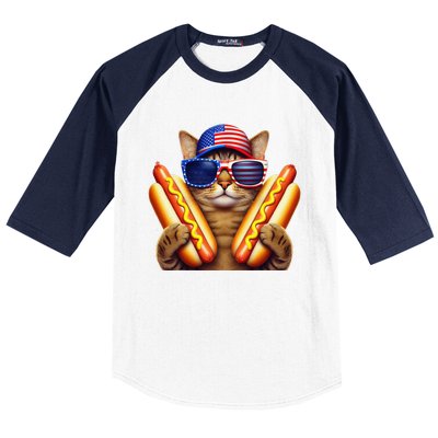 4th Of July Hotdog Cat Funny Patriotic Cat Usa Flag Wiener Gift Baseball Sleeve Shirt