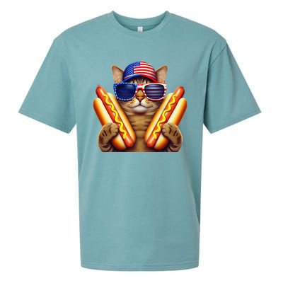 4th Of July Hotdog Cat Funny Patriotic Cat Usa Flag Wiener Gift Sueded Cloud Jersey T-Shirt