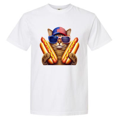 4th Of July Hotdog Cat Funny Patriotic Cat Usa Flag Wiener Gift Garment-Dyed Heavyweight T-Shirt