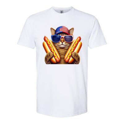 4th Of July Hotdog Cat Funny Patriotic Cat Usa Flag Wiener Gift Softstyle CVC T-Shirt