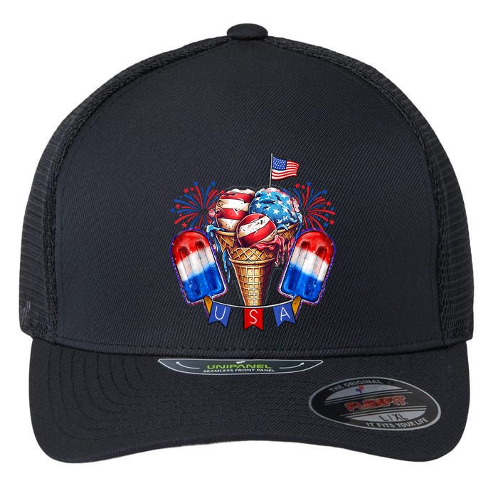4th Of July Patriotic Ice Cream Popsicle American Flag Flexfit Unipanel Trucker Cap
