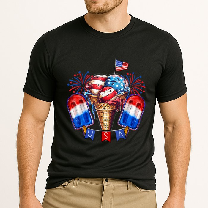 4th Of July Patriotic Ice Cream Popsicle American Flag Cooling Performance Crew T-Shirt