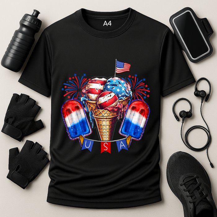 4th Of July Patriotic Ice Cream Popsicle American Flag Cooling Performance Crew T-Shirt