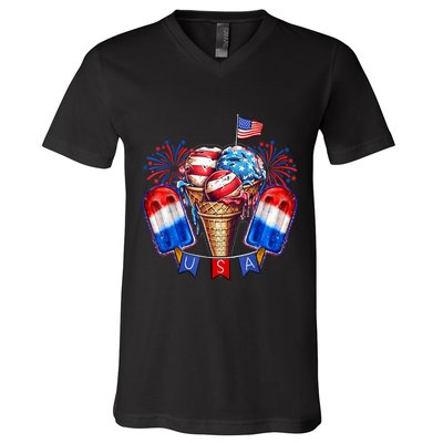 4th Of July Patriotic Ice Cream Popsicle American Flag V-Neck T-Shirt