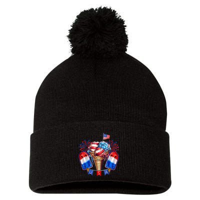 4th Of July Patriotic Ice Cream Popsicle American Flag Pom Pom 12in Knit Beanie