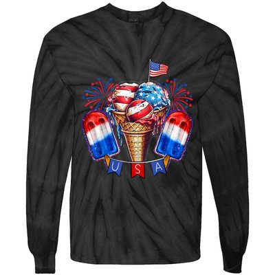 4th Of July Patriotic Ice Cream Popsicle American Flag Tie-Dye Long Sleeve Shirt