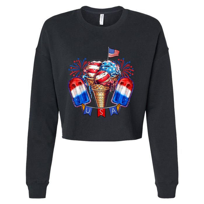 4th Of July Patriotic Ice Cream Popsicle American Flag Cropped Pullover Crew