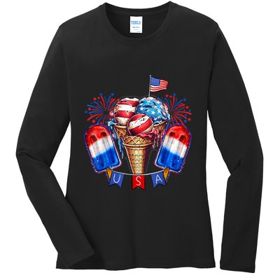 4th Of July Patriotic Ice Cream Popsicle American Flag Ladies Long Sleeve Shirt
