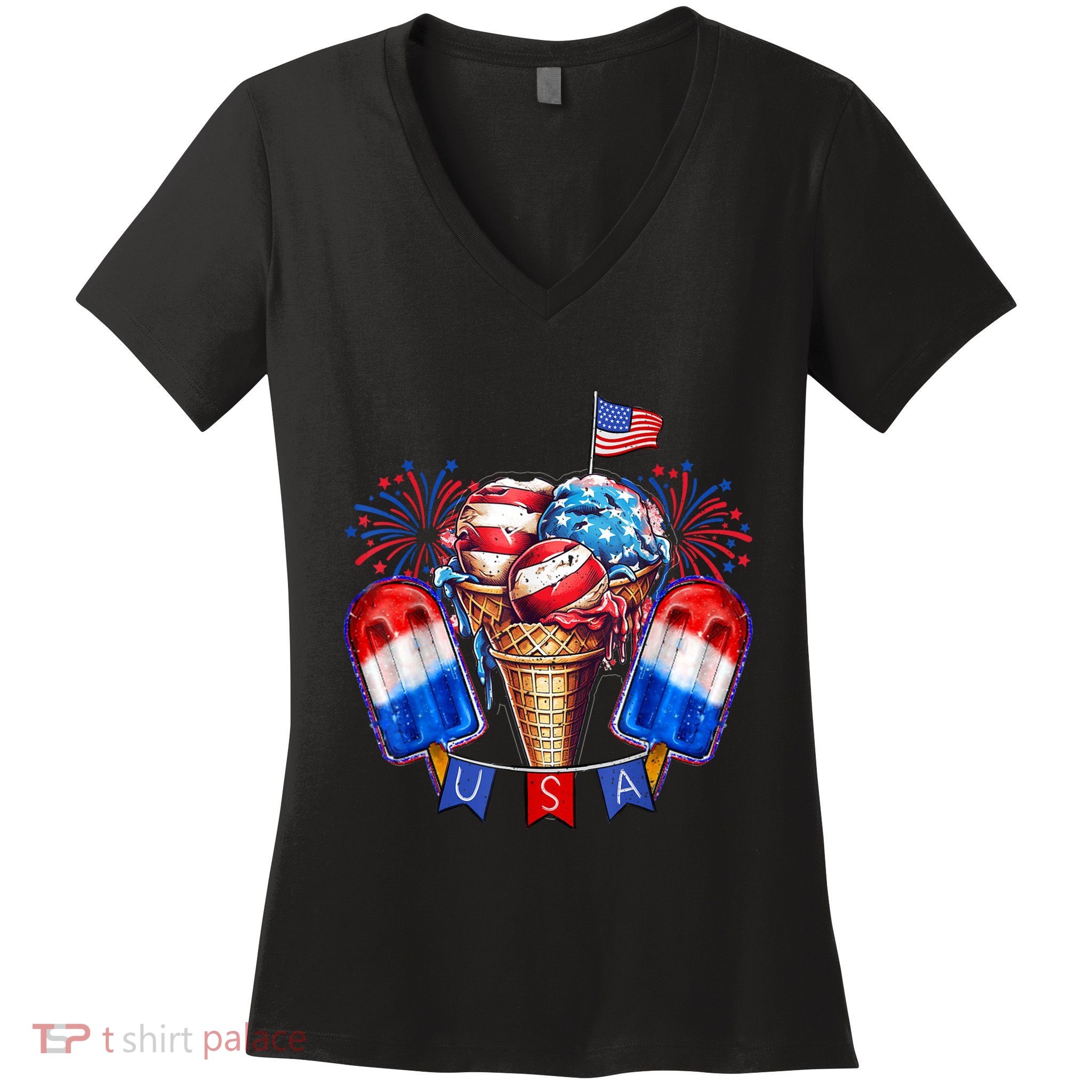 4th Of July Patriotic Ice Cream Popsicle American Flag Women's V-Neck T-Shirt