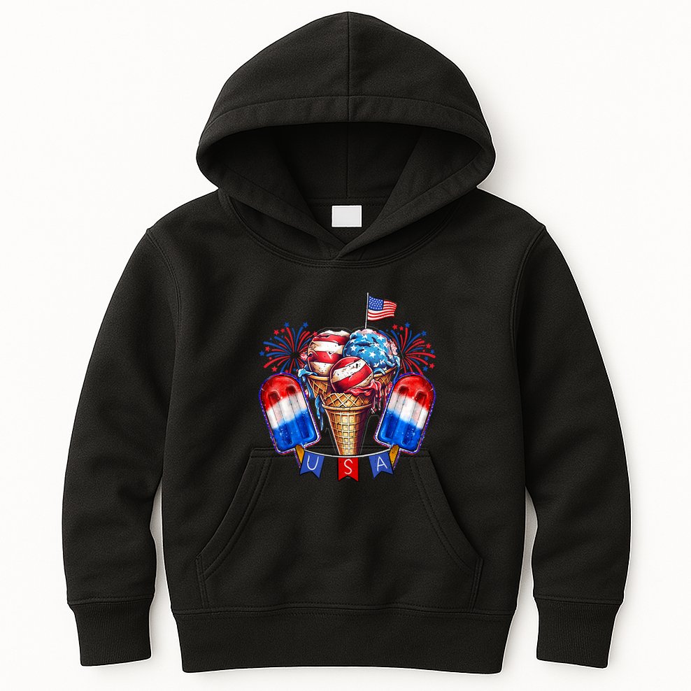 4th Of July Patriotic Ice Cream Popsicle American Flag Kids Hoodie