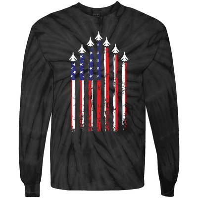 4th Of July Veteran Patriotic Fighter Jets Tie-Dye Long Sleeve Shirt