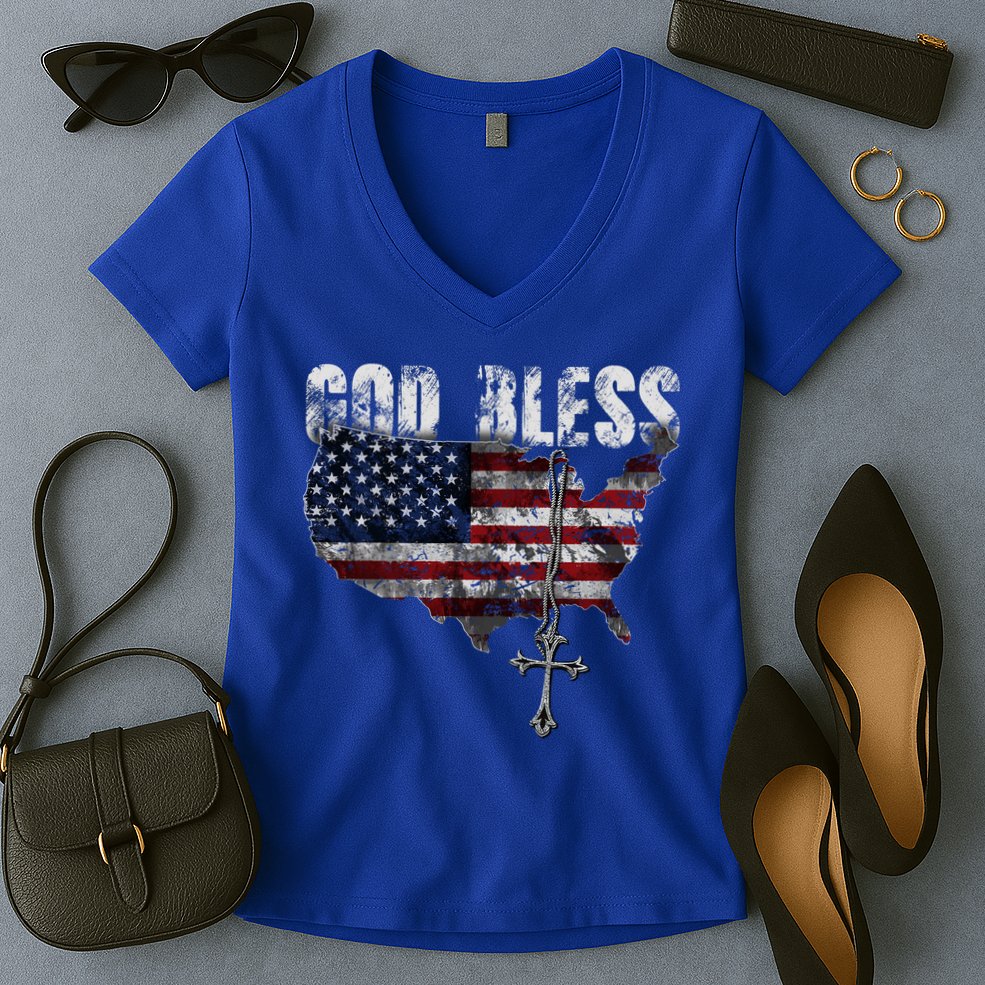 4th Of July American Flag God Bless America Women's V-Neck T-Shirt