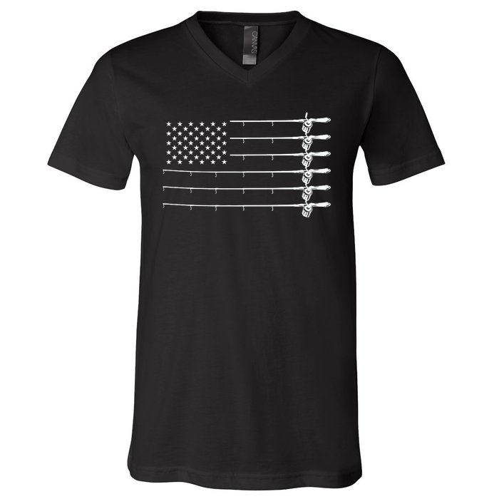 4th Of July Fishing Grandpa Dad American Flag V-Neck T-Shirt