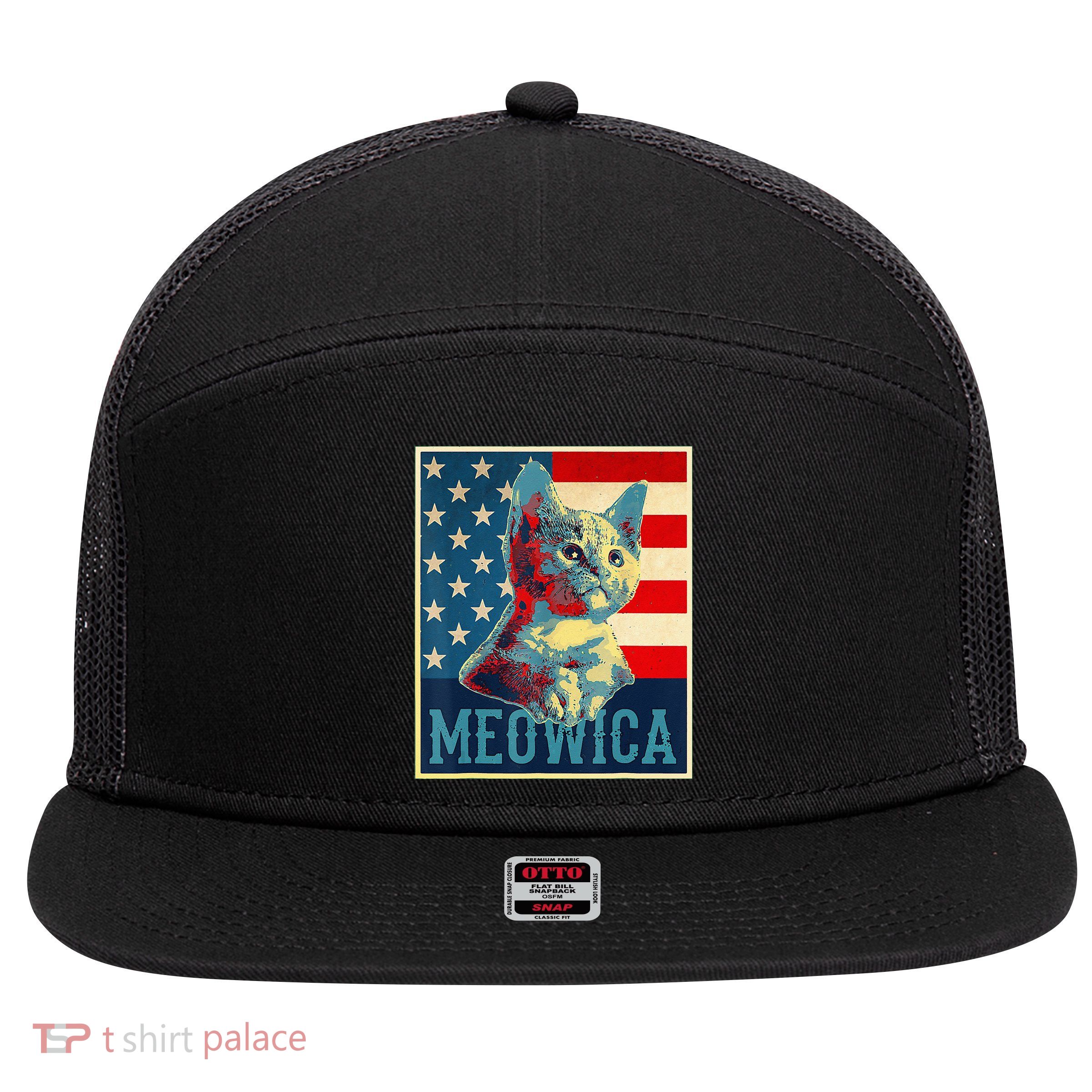 4th of July Meowica Kitty Cat 7 Panel Mesh Trucker Snapback Hat