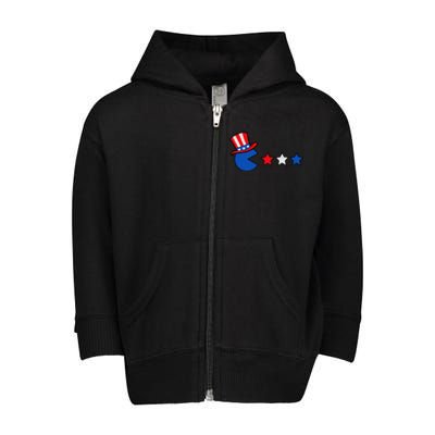 4th Of July Eating Usa Flag Stars Retro Gamer Toddler Zip Fleece Hoodie