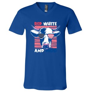 4th Of July Cow Red White And Moo Flag Patriotic Usa Gift V-Neck T-Shirt