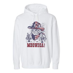 4th Of July Meowica Patriotic Cowboy Cat Garment-Dyed Fleece Hoodie